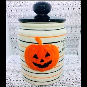 Halloween Ceramic Jack o Lantern Pumpkin Jar Canister Stripes Cookies Candy